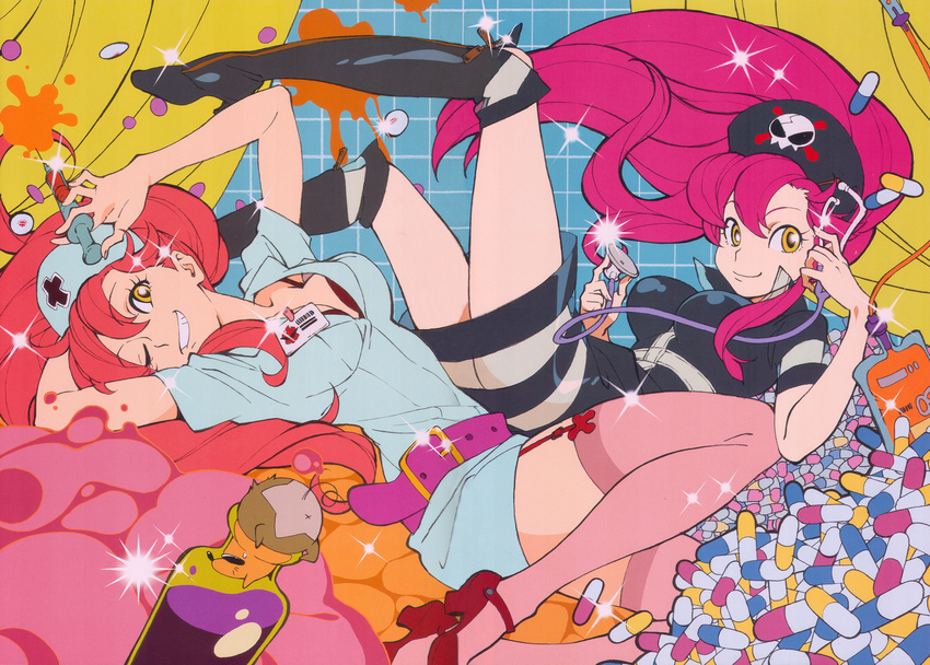 absurdres boota boots bra breasts colorful garter_belt highres large_breasts lingerie multiple_girls nakamura_shouko nurse official_art pill ponytail red_hair scan syringe tengen_toppa_gurren_lagann thighhighs underwear yellow_eyes yoko_littner