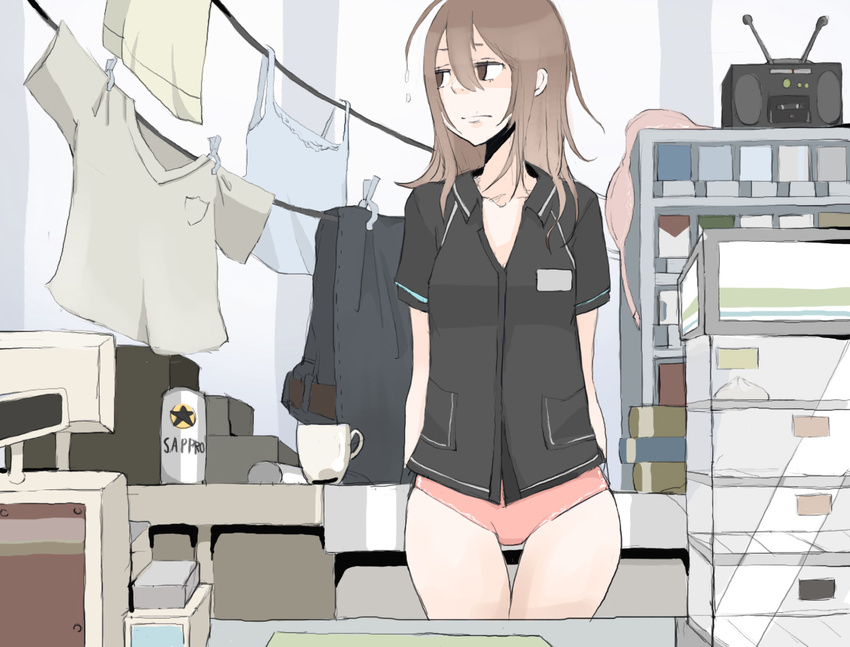 box brown_eyes brown_hair can cup laundry long_hair no_pants original panties radio solo tansuke underwear wet wet_hair