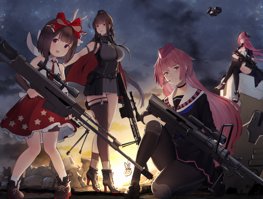 4girls ahoge anti-materiel_rifle bangs bare_shoulders barrett_m82 bike_shorts black_hair blunt_bangs blush boots bow braid breasts brown_hair bunny choker cleavage commentary_request dress dsr-50_(girls_frontline) dsr-50_(weapon) eyebrows_visible_through_hair fingerless_gloves girls_frontline gloves gun hair_bow hair_ornament hat hayabusa headgear heels high_heel_boots high_heels highres holding jewelry knee_pads large_breasts long_hair long_jacket m82a1_(girls_frontline) m99_(girls_frontline) miniskirt multiple_girls ntw-20 ntw-20_(girls_frontline) open_mouth pantyhose pink_eyes pink_hair pouch purple_eyes red_bow red_dress red_eyes ribbon rifle scope short_hair sidelocks skirt sniper_rifle thighhighs thighs underbust very_long_hair weapon white_legwear zijiang_m99