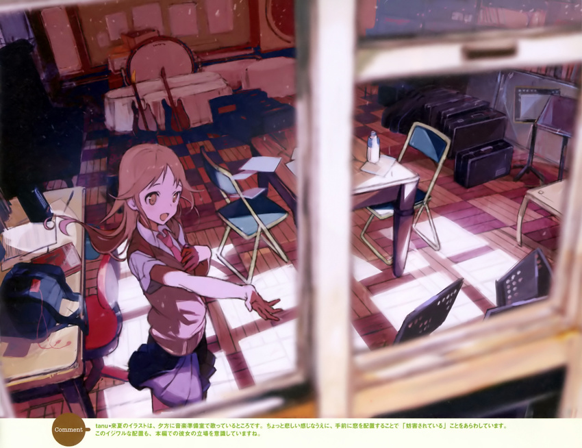 :d blurry bottle brown_eyes brown_hair chair classroom depth_of_field digital_media_player folding_chair from_outside hand_on_own_chest highres instrument instrument_case long_hair miyamoto_konatsu music_stand necktie office_chair official_art open_mouth outstretched_hand pleated_skirt scan school_uniform skirt smile solo sweater_vest table tanu tari_tari trampoline vest water_bottle window_shade