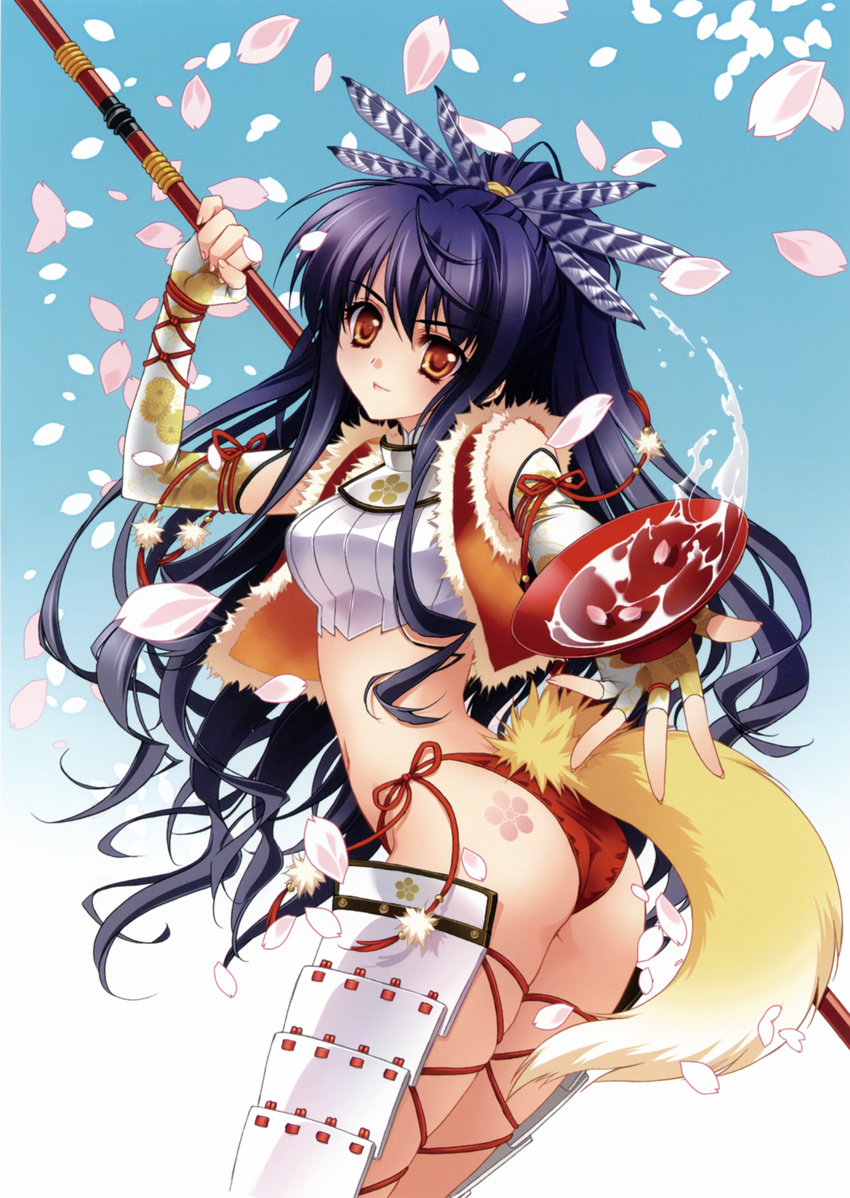 absurdres alcohol armor ass black_hair brown_eyes carnelian cherry_blossoms crop_top cup elbow_gloves feathers fingerless_gloves fur_trim genderswap genderswap_(mtf) gloves halter_top halterneck headdress highres jacket lipstick maeda_keiji makeup midriff navel original panties ponytail red_panties sakazuki sake scan side-tie_panties skindentation smile solo tail tattoo twisted_torso underwear water