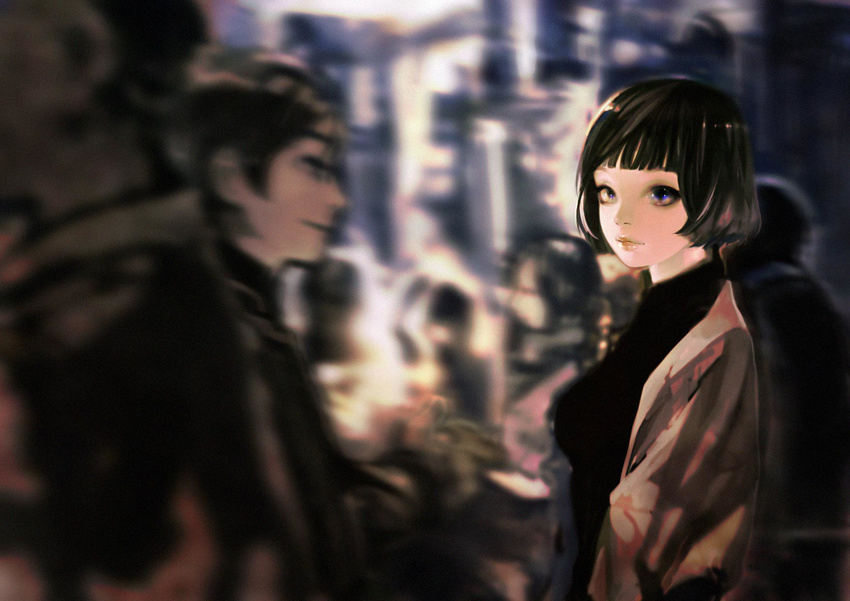 bad_id bad_pixiv_id black_hair blue_eyes blurry bob_cut city copyright_request crowd depth_of_field gonzales_rocky highres jacket light_smile lips pullover short_hair turtleneck