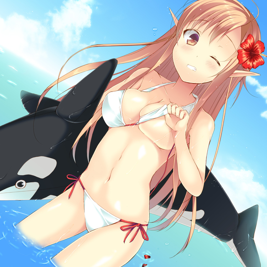 asuna_(sao) bad_id bad_pixiv_id bikini bikini_lift blush brown_hair clenched_teeth flower hair_ornament halterneck hibiscus highres inflatable_toy inflatable_whale ise lifted_by_self navel one_eye_closed pointy_ears side-tie_bikini skindentation solo swimsuit sword_art_online teeth wading water wince