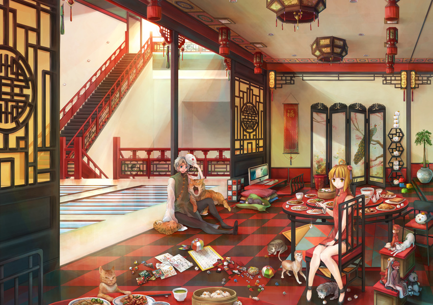 1girl apple_inc. architecture bamboo_steamer bowl cat checkered china_dress chinese_clothes chopsticks computer dim_sum doll dress dumpling east_asian_architecture food haboshi_hitomi highres macintosh mask original plant shumai_(food) stairs tiger yin_yang