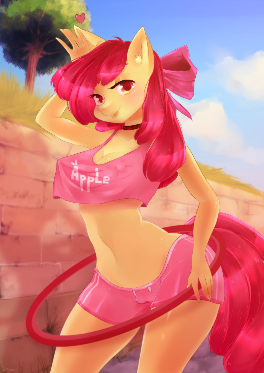 &lt;3 anthro apple_bloom_(mlp) blush breasts choker cleavage clothed clothing equine female friendship_is_magic hoola_hoop horse klaudy mammal my_little_pony nipple_bulge pony wide_hips