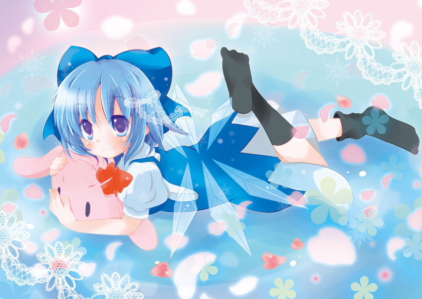 alternate_eye_color bad_id bad_pixiv_id blue_hair blush bow cirno hair_bow heart ice ice_wings petals pillow purple_eyes short_hair smile solo touhou usagiya-shiina wings