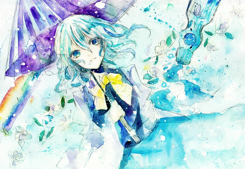 blue_eyes blue_hair bottle bow flower leaf long_sleeves puffy_sleeves purple_umbrella rainbow ramune shiratsuyu short_hair smile solo tatara_kogasa touhou traditional_media umbrella watercolor_(medium)