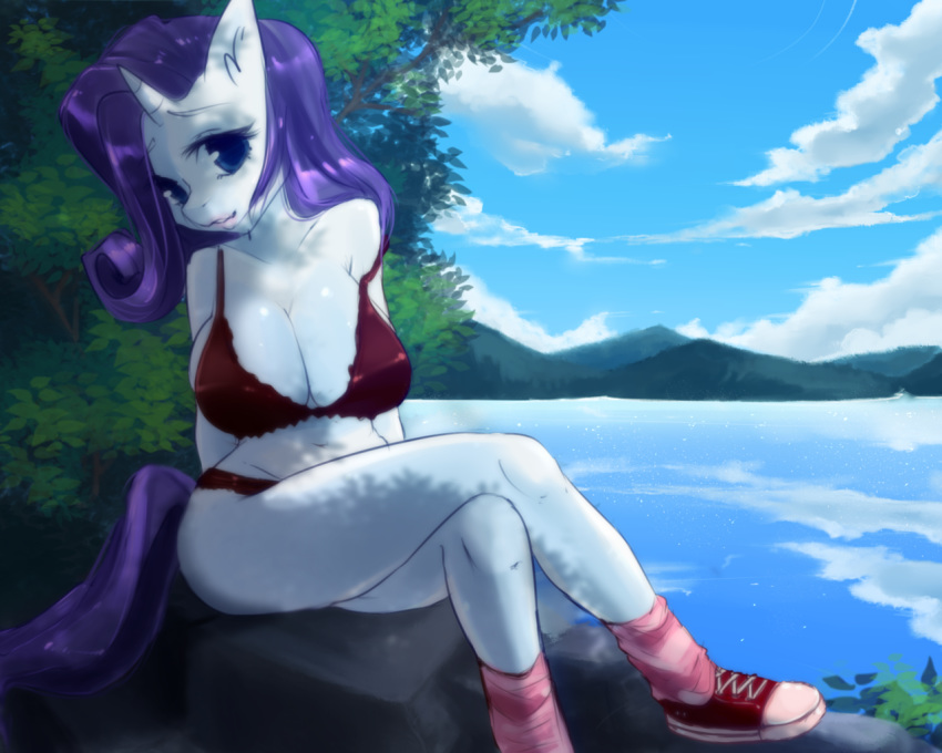 anthro big_breasts bra breasts cleavage clothed clothing crossed_legs equine female friendship_is_magic horn klaudy mammal my_little_pony outside panties rarity_(mlp) underwear unicorn