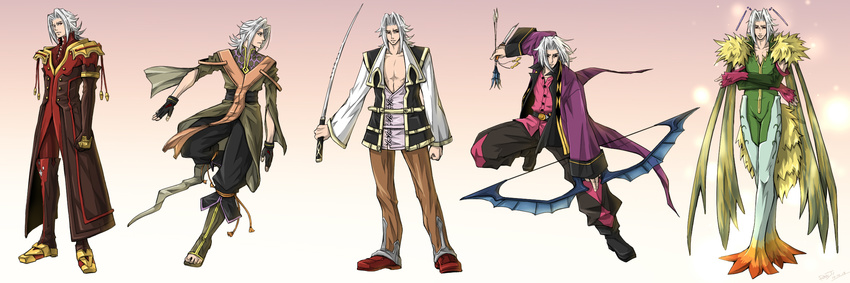 alexei_(tales_of_vesperia) alexei_dinoia arrow belt boots bow_(weapon) coat cosplay don_whitehorse duke_pantarei elbow_gloves fingerless_gloves frills gloves grey_hair highres long_image pants raven raven_(tov) red_eyes shoes short_hair sword sylph tales_of_(series) tales_of_vesperia tison vest weapon wide_image