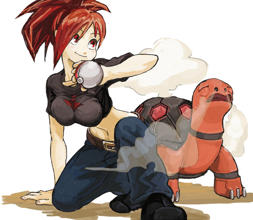 asuna_(pokemon) breasts crop_top cue_(seihattou) denim gen_3_pokemon gym_leader holding holding_poke_ball impossible_clothes impossible_shirt jeans large_breasts long_hair midriff navel one_knee pants poke_ball pokemon pokemon_(creature) pokemon_(game) pokemon_rse ponytail red_eyes red_hair shirt smile steam torkoal