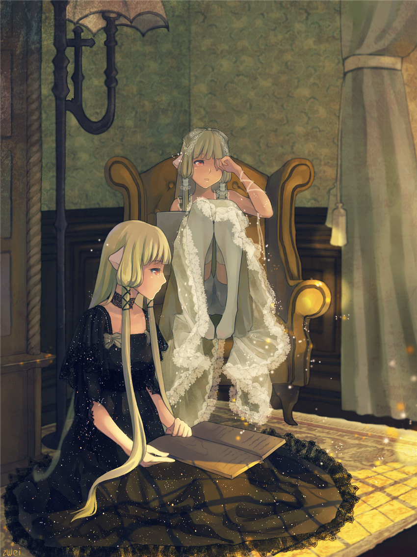 artist_name black_dress blonde_hair book carpet chair chii chobits choker curtains dress freya_(chobits) hair_ribbon hair_tubes highres lace long_hair multiple_girls orange_eyes profile ribbon robot_ears rubbing_eyes siblings sisters sitting thighhighs twins white_dress white_legwear zzwei