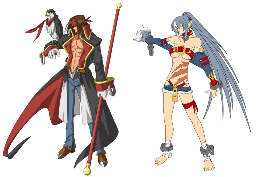 arc_system_works bandage bird blazblue brown_hair claws coat concept_art cuffs grey_hair hawk headband long_hair perched pointy_ears polearm scar scars shackle shackles shorts weapon