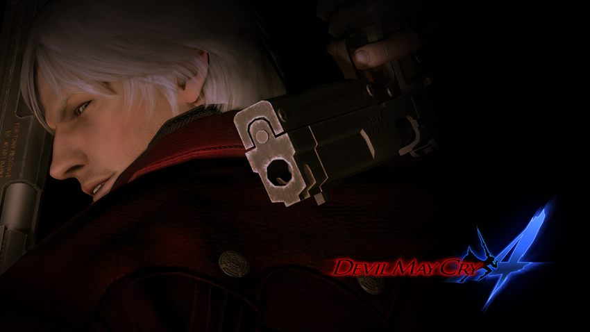 3d copyright_name dante_(devil_may_cry) devil_may_cry devil_may_cry_4 gloves gun handgun logo looking_back male_focus non-web_source official_art pistol solo trench_coat tsuchibayashi_makoto wallpaper weapon white_hair yoshikawa_tatsuya