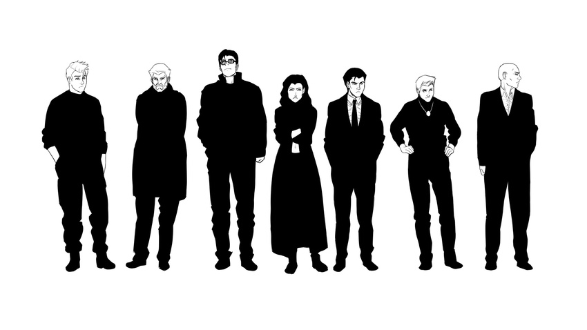 1girl 6+boys 6boys alien alternate_costume aqua_man aquaman_(series) arthur_curry barry_allen batman_(series) bruce_wayne clark_kent dc_comics diana_prince flash_(series) formal full_body ghost_in_the_shell_lineup glasses green_lantern hal_jordan hand_in_pocket hand_on_hip hands_on_hips highres hips j'onn_j'onzz jacket jonn_jonnz justice_league kal-el kryptonian lineup martian_manhunter multiple_boys parody princess_diana_of_themyscira standing suit superman_(series)