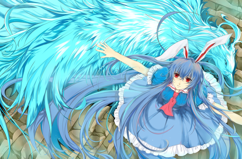 absurdly_long_hair absurdres alternate_hair_color animal_ears bird blue_hair bunny_ears from_above highres hongmao long_hair outstretched_arms phoenix red_eyes reisen_udongein_inaba skirt smile solo spread_arms touhou very_long_hair