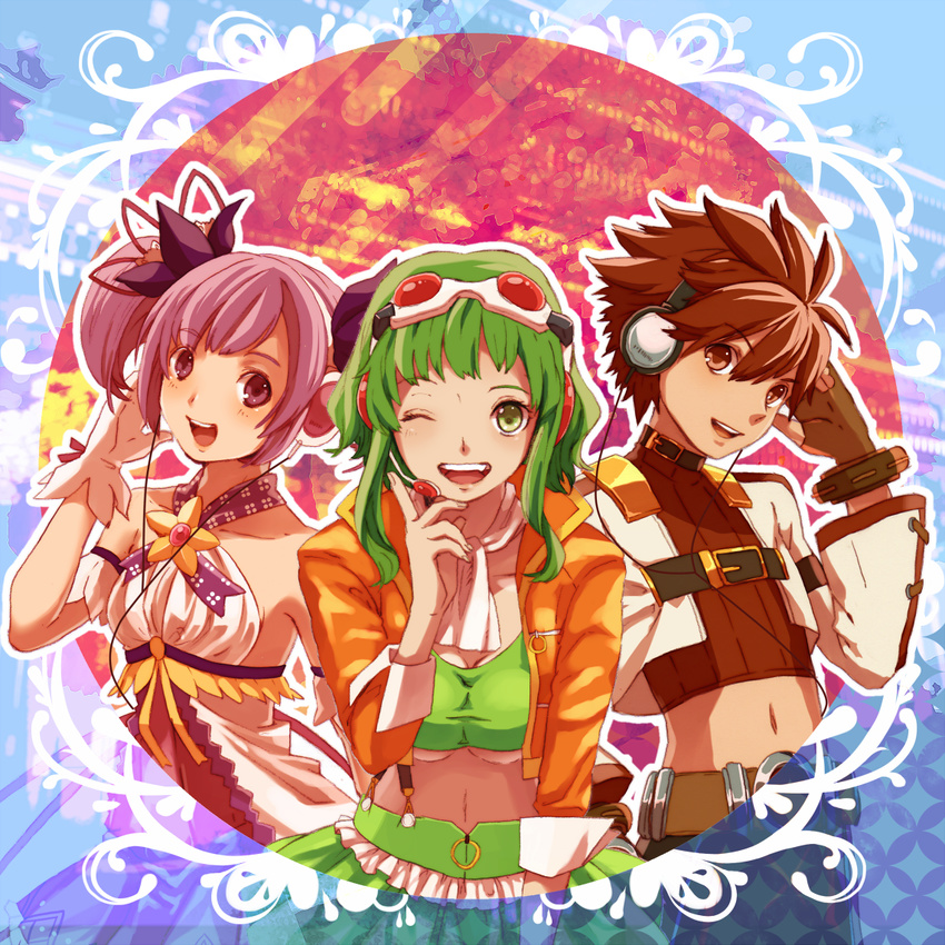 2girls 778-go ;d aisha_(elsword) bad_id bad_pixiv_id battle_magician_(elsword) breasts brown_eyes brown_hair crossover elsword elsword_(character) fingerless_gloves gloves green_eyes green_hair gumi headphones magic_knight_(elsword) medium_breasts megpoid_(vocaloid3) midriff multiple_girls one_eye_closed open_mouth purple_eyes purple_hair short_hair skirt smile spiked_hair strapless tubetop twintails underboob vocaloid