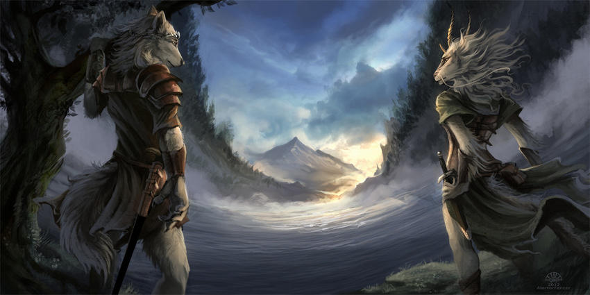alectorfencer canine couple dragon duo eye_contact female landscape male mammal melee_weapon standing sword weapon wolf