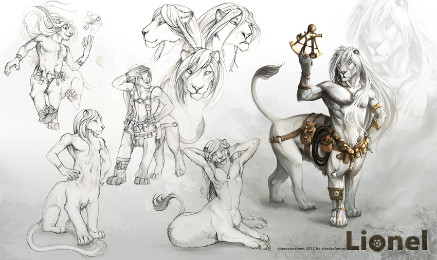 alectorfencer feline fur lion male mammal model_sheet necklace nude plain_background pose sextant solo taur white white_background white_fur