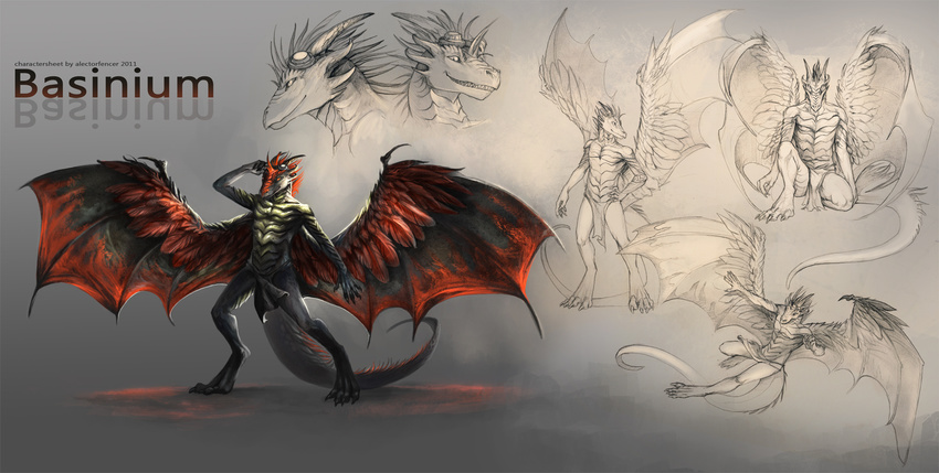 alectorfencer bassinium black_scales claws crouching dragon eyewear feathers flying goggles grey_background horn loincloth male model_sheet plain_background red_feathers solo spread_wings standing toe_claws topless wings