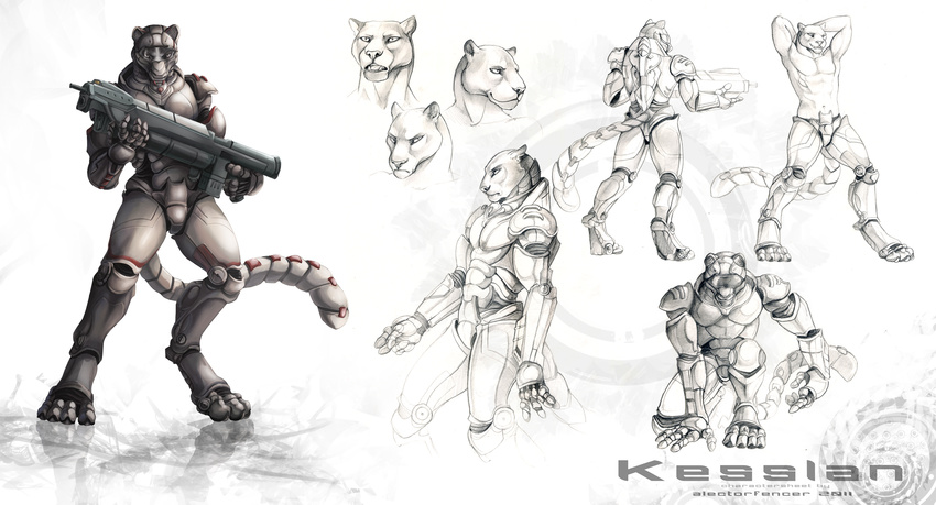 alectorfencer armor cougar feline kesslan leopard male mammal model_sheet panther plain_background ranged_weapon solo weapon white_background