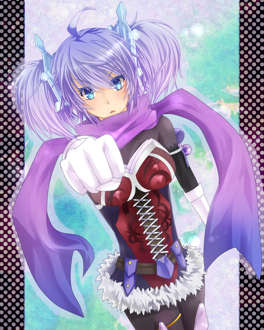 blue_eyes blue_hair corset dance_princess_of_the_ice_barrier hair_ornament hiari highres scarf short_twintails solo twintails weapon yuu-gi-ou