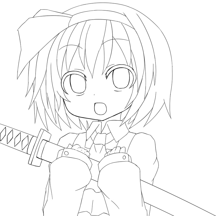 ascot bow greyscale hair_bow hair_ribbon highres jd_(bibirijd) konpaku_youmu lineart monochrome open_mouth ribbon sheath sheathed solid_black_thumbnail solo sword touhou transparent_background weapon