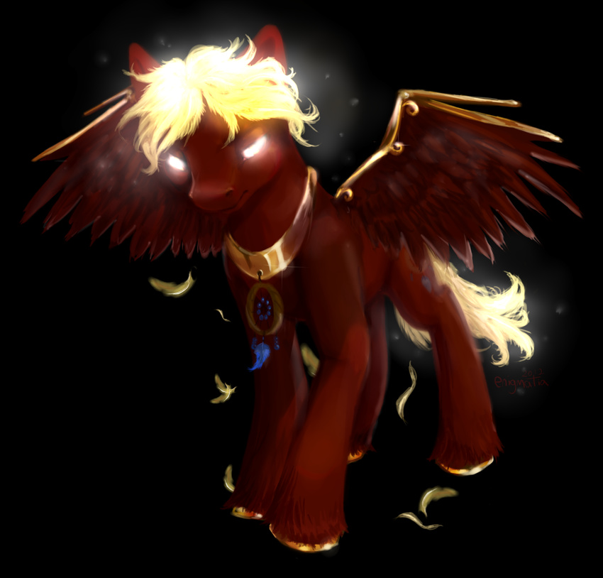 brown_body cutie_mark dream_weaver_(mlp) enigmatia equine feather_hair feather_tail feathers glowing glowing_eyes glowing_hair glowing_tail male mammal my_little_pony original_character pegasus solo white_eyes wings