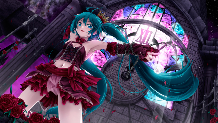 aqua_eyes aqua_hair armpits blue_eyes bow breasts bustier chain cleavage clock clock_tower crown detached_sleeves fence flower hatsune_miku highres long_hair looking_at_viewer medium_breasts midriff navel project_diva_(series) project_diva_2nd romeo_to_cinderella_(vocaloid) rose skirt smile solo tower tsukineko twintails very_long_hair vintage_dress_(module) vocaloid