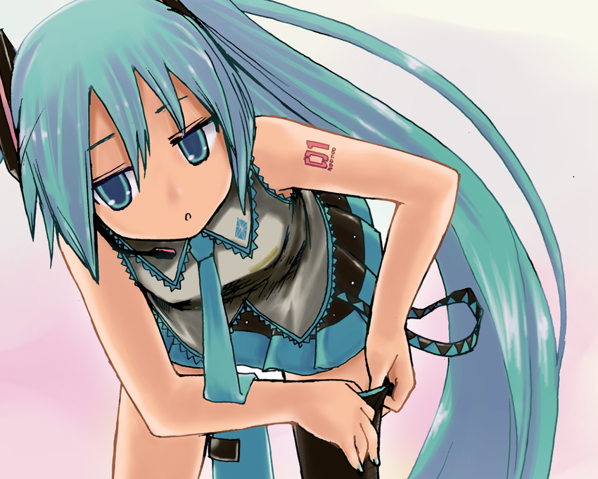 asymmetrical_clothes bad_id bad_pixiv_id bare_shoulders bent_over blue_eyes blue_hair dressing hands hatsune_miku highres jitome kurobuta_gekkan long_hair necktie single_thighhigh solo thighhighs twintails vocaloid