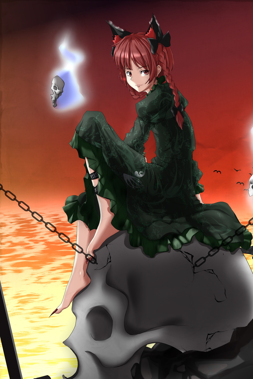 absurdres animal_ears barefoot bird bow braid cat_ears chain dress extra_ears hair_bow highres kaenbyou_rin long_hair looking_at_viewer looking_back m134 molten_rock red_eyes red_hair sharp_toenails sitting skull solo toenails touhou twin_braids