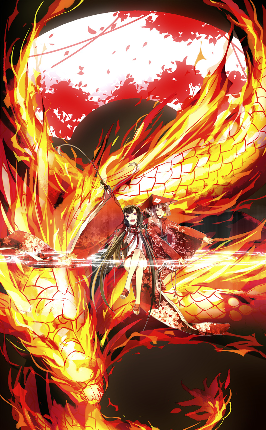 arm_up bandages black_hair closed_eyes crossed_legs detached_sleeves dragon eyepatch fan fire flower folding_fan frown grey_hair hair_tubes highres ikasemih japanese_clothes kimono leotard long_hair low_twintails multiple_girls open_mouth petals pixiv_fantasia pixiv_fantasia_sword_regalia purple_eyes short_hair sitting smile tassel twintails very_long_hair