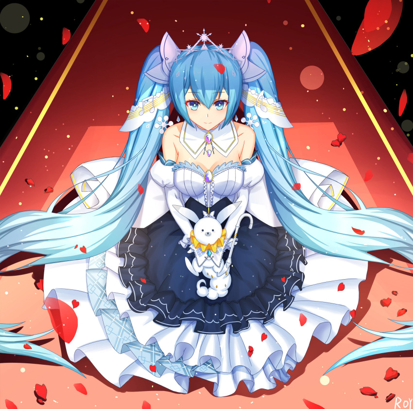 1girl animal bangs bare_shoulders beamed_eighth_notes blue_eyes blue_hair blue_skirt breasts bunny center_frills closed_mouth collar collarbone commentary detached_collar detached_sleeves eighth_note eyebrows_visible_through_hair frills hair_between_eyes hair_ornament hatsune_miku highres holding holding_animal juliet_sleeves long_hair long_sleeves medium_breasts musical_note petals pleated_skirt puffy_sleeves roi_(liu_tian) shirt sidelocks signature skirt smile snowflake_hair_ornament strapless tiara twintails very_long_hair vocaloid white_collar white_shirt white_sleeves yuki_miku yukine_(vocaloid)