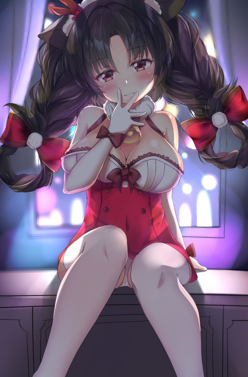 1girl animal_ears aono_(f_i_s) azur_lane bangs bare_shoulders bell blurry blurry_background blush bow braid breasts brown_hair christmas cleavage closed_mouth commentary_request curtains depth_of_field dress elbow_gloves eyebrows_visible_through_hair fur_collar gloves hair_between_eyes hair_bow hair_rings hand_up head_tilt highres large_breasts ooshio_(azur_lane) panties parted_bangs red_bow red_dress red_eyes smile solo thighhighs twin_braids twintails underwear white_gloves white_legwear white_panties window