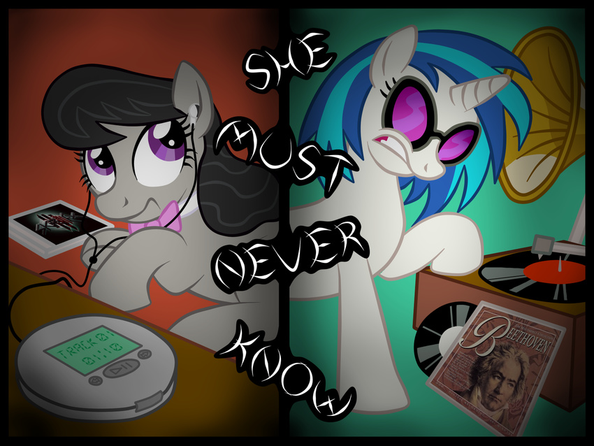 black_hair blue_hair bow_tie cd_player clothing cutie_mark english_text equine eyewear female feral friendship_is_magic generation_4 glasses gray_body grey_body hair havikm66 headphones horn horse looking_back mammal my_little_pony octavia_(mlp) phonograph pony purple_eyes record record_player simple_background skrillex sunglasses text turntable two_color_hair two_tone_hair unicorn vinyl_scratch_(mlp) white_body