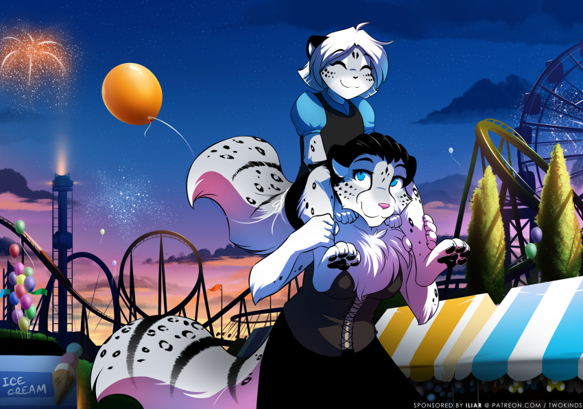 2018 4_toes anthro blue_eyes clothed clothing digital_media_(artwork) duo feline female hair leopard mammal outside sky smile star starry_sky toes tom_fischbach twilight white_hair