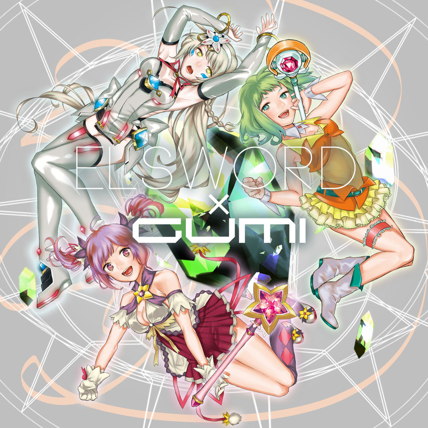 aisha_(elsword) battle_magician_(elsword) boots character_name circle_formation code:_electra_(elsword) copyright_name crossover elsword eve_(elsword) green_hair grey_background gumi hagehiro highres magical_girl multiple_girls thigh_boots thighhighs vocaloid wand