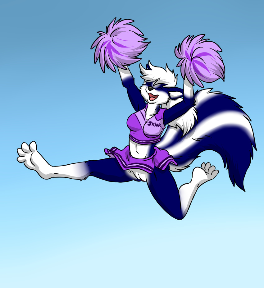 aggrobadger blue_fur cheerleader clothed clothing eyes_closed female fur mammal pom_poms pussy skimpy skunk solo spread_legs spreading taki upskirt