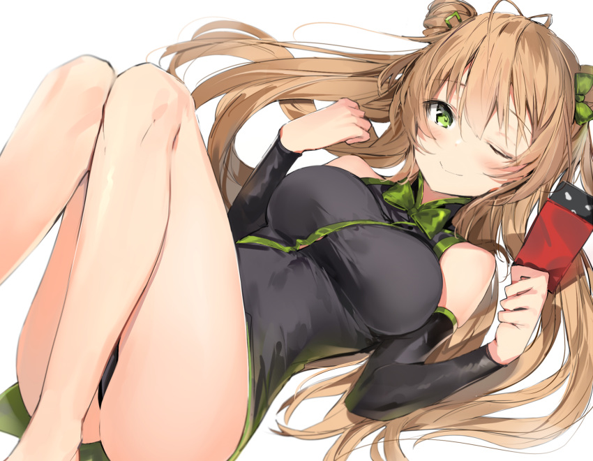 anthropomorphism brown_hair chinese_clothes chinese_dress cropped girls_frontline green_eyes long_hair rfb_(girls_frontline) silver_(chenwen) twintails wink