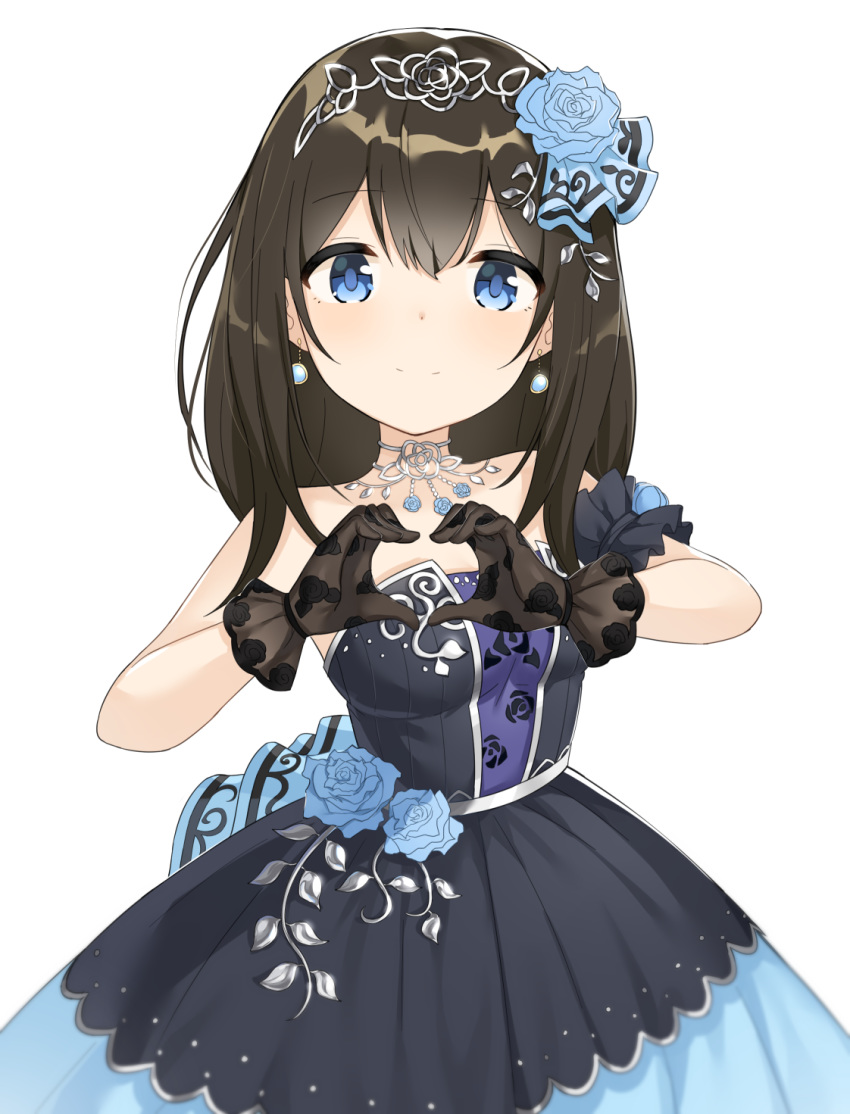 1girl bangs bare_shoulders black_dress blue_eyes blue_flower blue_rose breasts brown_gloves brown_hair closed_mouth dress earrings eyebrows_visible_through_hair flower gloves hair_between_eyes hair_flower hair_ornament heart heart_hands highres idolmaster idolmaster_cinderella_girls jewelry long_hair looking_at_viewer noria rose sagisawa_fumika simple_background small_breasts smile solo strapless strapless_dress white_background