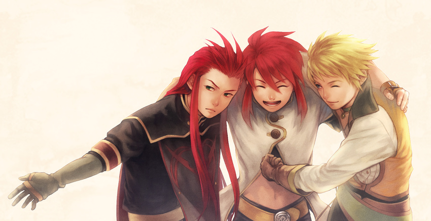 asch bad_id bad_pixiv_id blonde_hair blue_eyes green_eyes guy_cecil hair_slicked_back hug long_hair luke_fon_fabre male_focus multiple_boys neopara one_eye_closed red_hair tales_of_(series) tales_of_the_abyss white_background