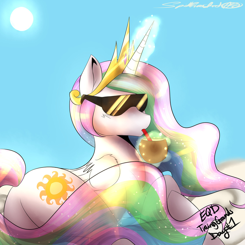 coconut crown cutie_mark equine eyewear female feral friendship_is_magic glowing gold hair horn horse levitation magic mammal multi-colored_hair my_little_pony princess princess_celestia_(mlp) royalty sky sparkles spittfire straw sun sunglasses winged_unicorn wings