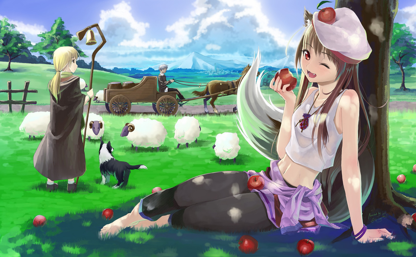 2girls animal_ears apple barefoot belly beret blonde_hair bracelet brown_hair craft_lawrence dog enekk fang fangs feet food fruit grass hat highres holo horse jewelry landscape long_hair midriff multiple_girls navel nora_arento okingjo one_eye_closed open_mouth pouch red_eyes sheep sitting spice_and_wolf tail wolf_ears wolf_tail