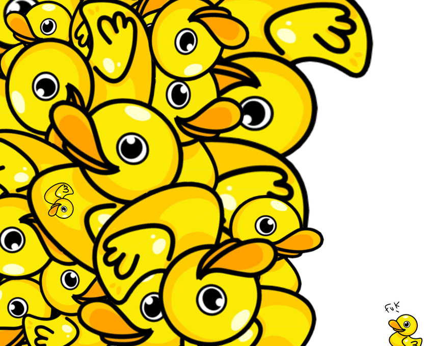 amazing avalanche avian beak black_eyes blank_stare crowd dialog duck english_text group humor legless looking_up mr.smile pile plain_background rubber rubber_duck size_difference text toy uhoh upside_down what white_background white_sclera yellow_body