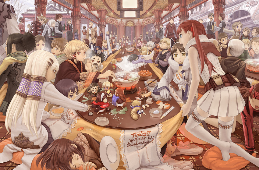 6+girls animal_ears belt_pouch bottle bowl braid chibi child chopsticks column cushion drinking eating food fox_ears fox_tail fruit hair_tubes kotatsu mandarin_orange masakichi mask minigirl mouse multiple_boys multiple_girls multiple_tails nabe original pillar plate pouch school_uniform serafuku sitting sleeping snow sukiyaki table tail tengu_mask thighhighs tile_floor tiles tray twintails under_kotatsu under_table waiter waitress zabuton