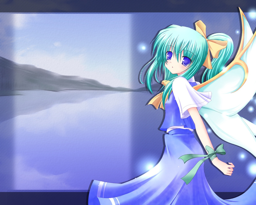 blue_dress blue_eyes bow daiyousei dress green_hair hair_bow lake neck_ribbon ribbon shirotsuki_kouta side_ponytail solo touhou wings wrist_ribbon