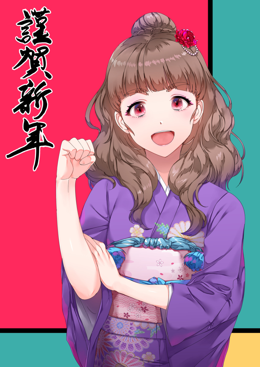 1girl :d bangs blunt_bangs brown_hair clenched_hand commentary_request eyebrows_visible_through_hair floral_print flower hair_bun hair_flower hair_ornament hand_on_own_arm hand_up highres idolmaster idolmaster_cinderella_girls japanese_clothes kamiya_nao kimono long_hair long_sleeves looking_at_viewer maou(demonlord) obi open_mouth print_kimono purple_eyes purple_kimono red_flower sash smile solo thick_eyebrows translation_request upper_body upper_teeth wide_sleeves