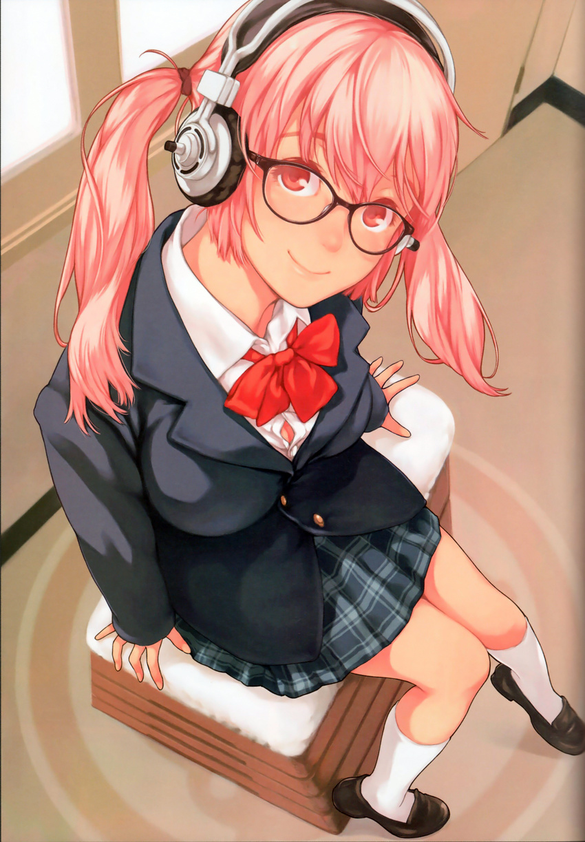 absurdres alternate_hairstyle blazer bow bowtie breasts cleavage from_above glasses headphones highres jacket kamo_(gafas) kneehighs loafers medium_breasts nitroplus pink_eyes pink_hair plaid plaid_skirt pleated_skirt scan school_uniform shoes sitting skirt smile solo super_sonico twintails vaulting_horse white_legwear
