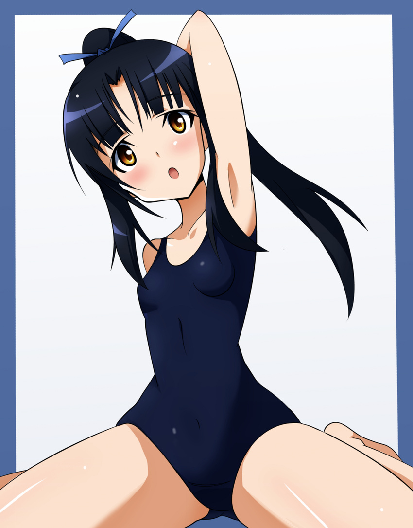 arm_behind_head arm_up armpits ass_visible_through_thighs bangs barefoot black_hair blue_border blue_ribbon blue_swimsuit blunt_bangs blush border breasts brown_eyes collarbone gradient_eyes hair_ribbon hattori_shizuka head_tilt high_ponytail highres hips long_hair looking_at_viewer multicolored multicolored_eyes one-piece_swimsuit open_mouth outside_border ponytail ribbon school_swimsuit shiny shiny_hair shiny_skin sidelocks simple_background sitting slender_waist small_breasts solo spread_legs straight_hair strike_witches surprised swimsuit thighs tokiani wariza white_background wide_hips world_witches_series yellow_eyes
