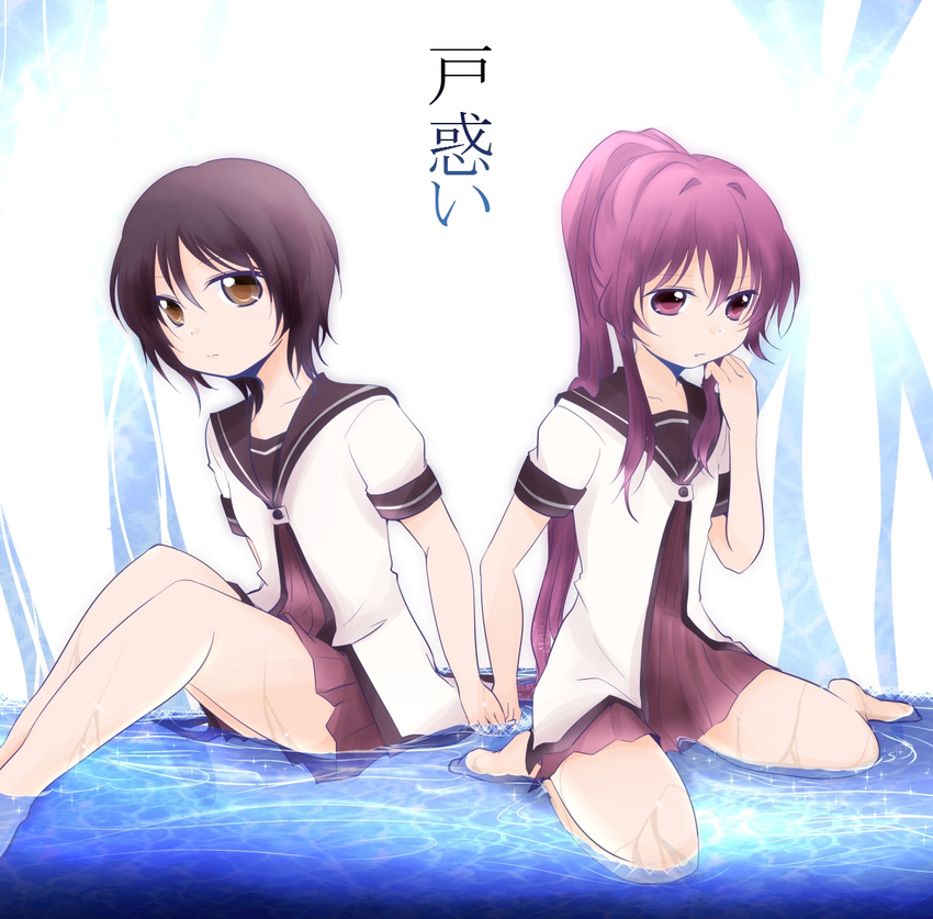 black_hair brown_eyes funami_yui long_hair multiple_girls nanamori_school_uniform ponytail purple_eyes purple_hair school_uniform serafuku short_hair sugiura_ayano tagawa_maru yuru_yuri