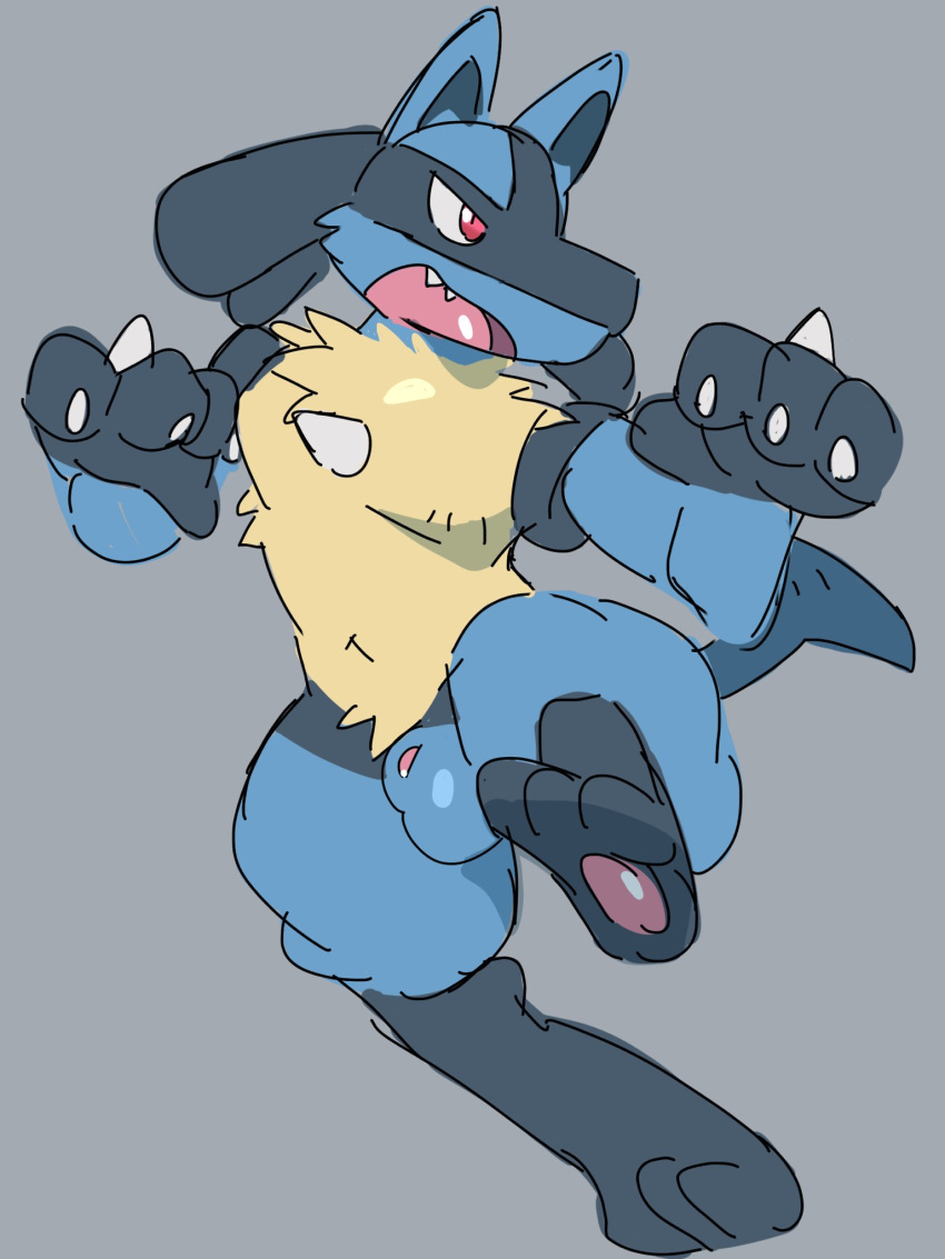 animal_genitalia anthro balls black_fur blue_fur canine claws fighting_stance fur grey_background loneliestbara lucario male mammal nintendo nude pawpads pink_pawpads pok&eacute;mon pok&eacute;mon_(species) red_eyes sheath simple_background solo spikes video_games yellow_fur